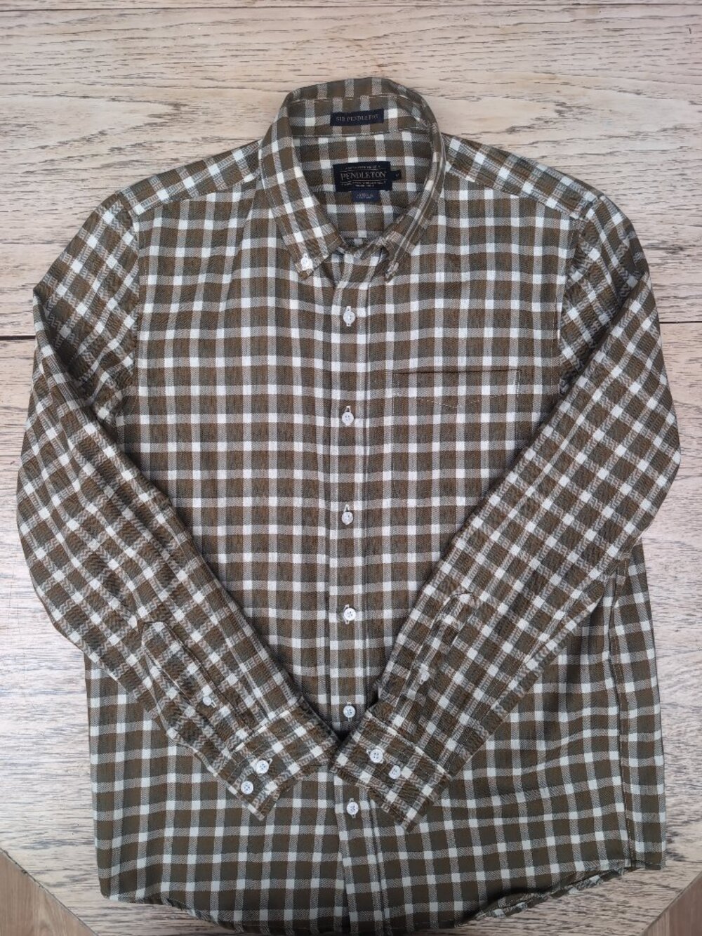 Pendleton 100% Merino Wool Bronze, Ivory Plaid Mens Shirt, Size M
